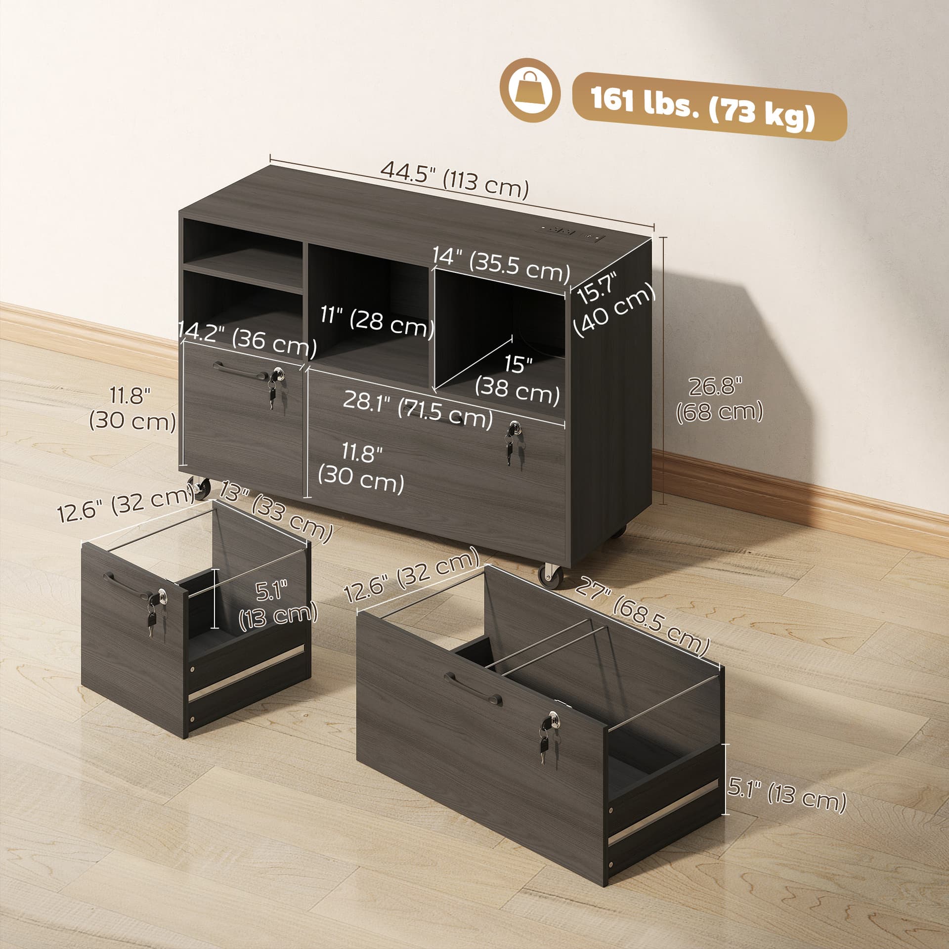 File Cabinet, 2 Drawer Mobile Lateral Filing Cabinet Printer Stand with Lock, Charging Station, Hanging Bars, Black - Office Cabinets & Cupboards - Office Furniture