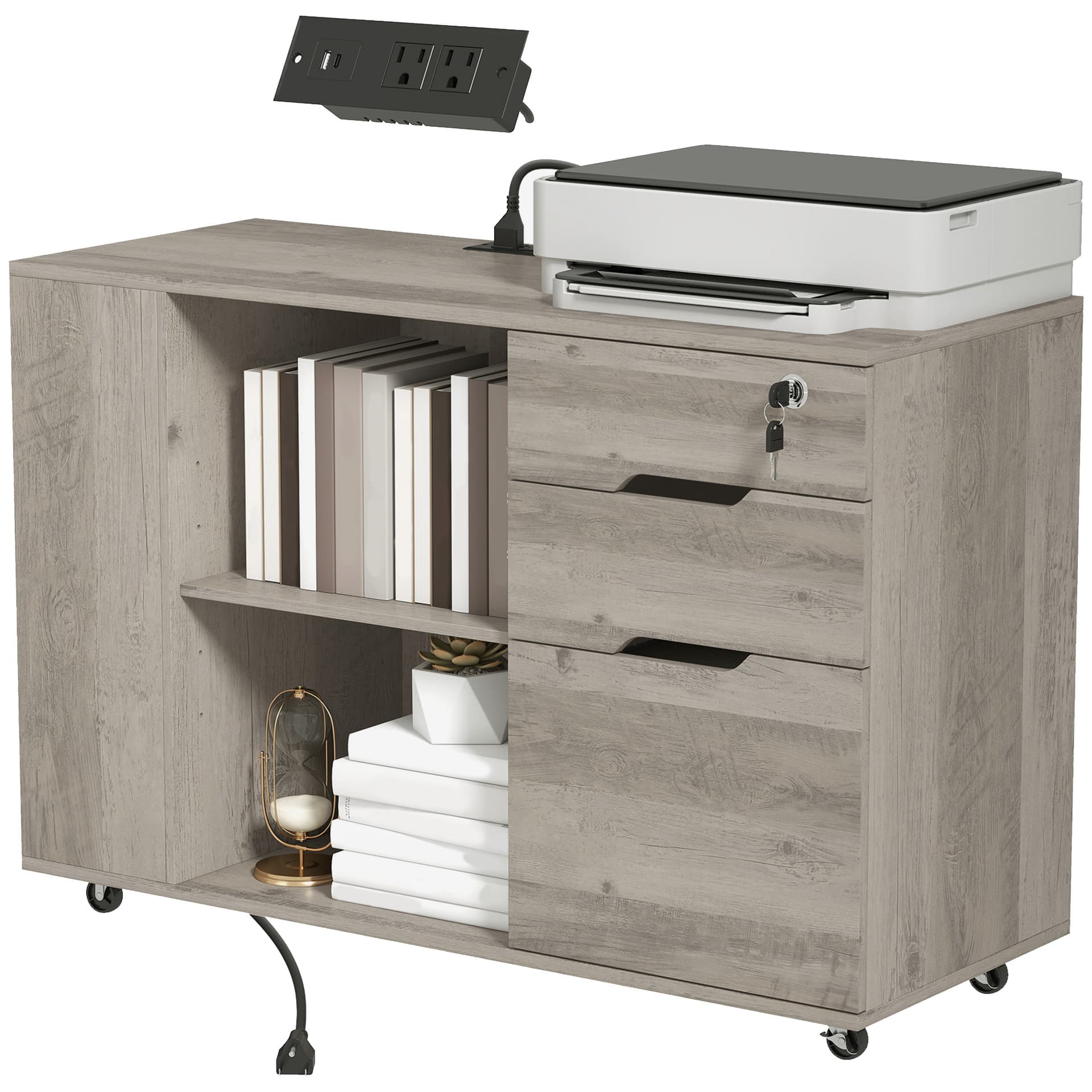 Filing Cabinet with Power Outlets File Cabinet Lockable Casters File Drawer Side Cubbies Light Grey Brown - Office Cabinets & Cupboards - Office Furniture