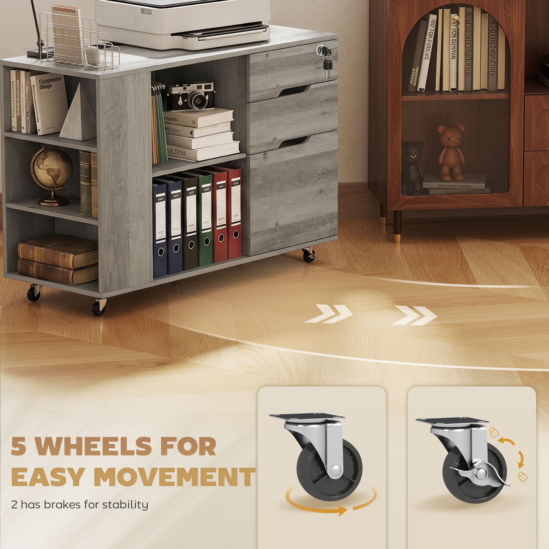 Filing Cabinet with Power Outlets File Cabinet Lockable Casters File Drawer Side Cubbies Light Grey Brown - Office Cabinets & Cupboards - Office Furniture