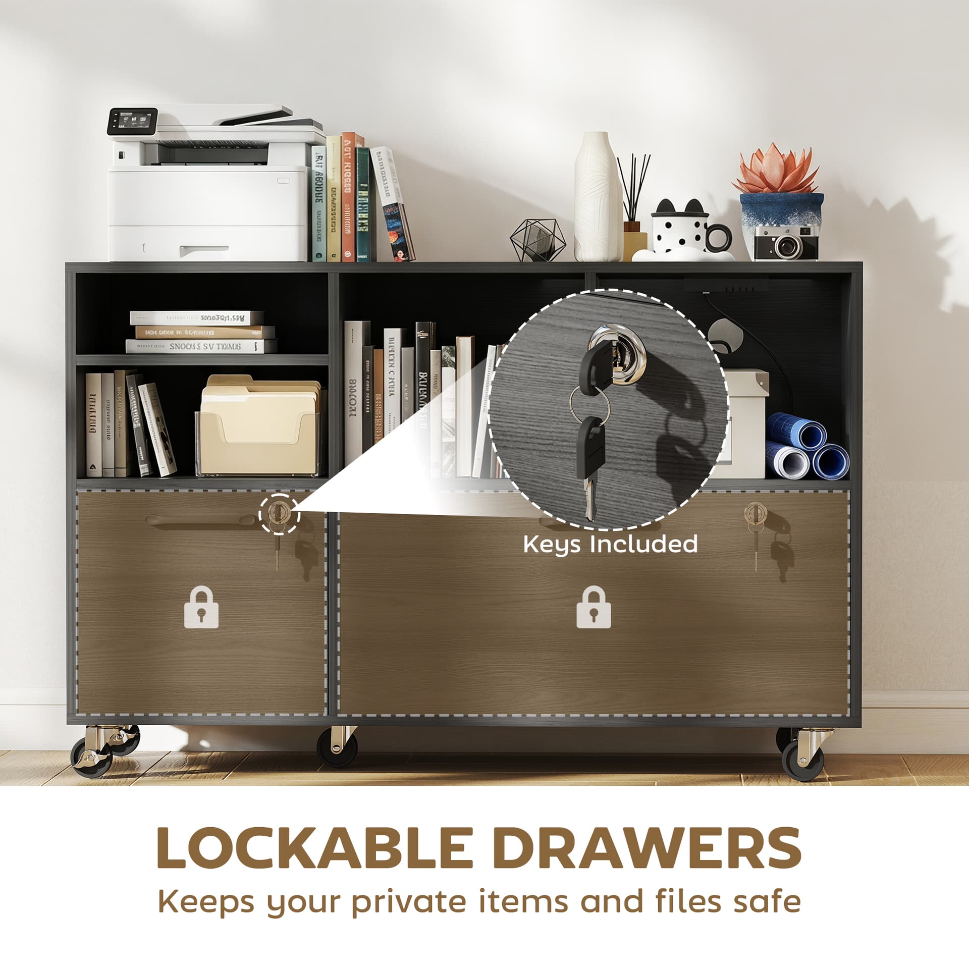 File Cabinet, 2 Drawer Mobile Lateral Filing Cabinet Printer Stand with Lock, Charging Station, Hanging Bars, Black - Office Cabinets & Cupboards - Office Furniture