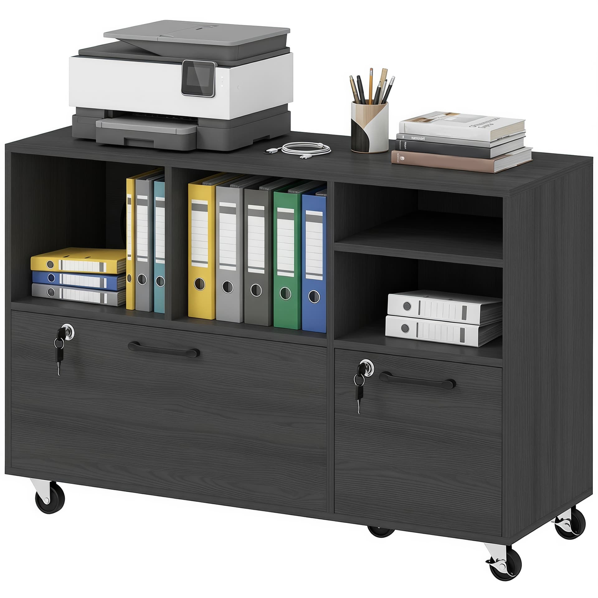 File Cabinet, 2 Drawer Mobile Lateral Filing Cabinet Printer Stand with Lock, Charging Station, Hanging Bars, Black - Office Cabinets & Cupboards - Office Furniture