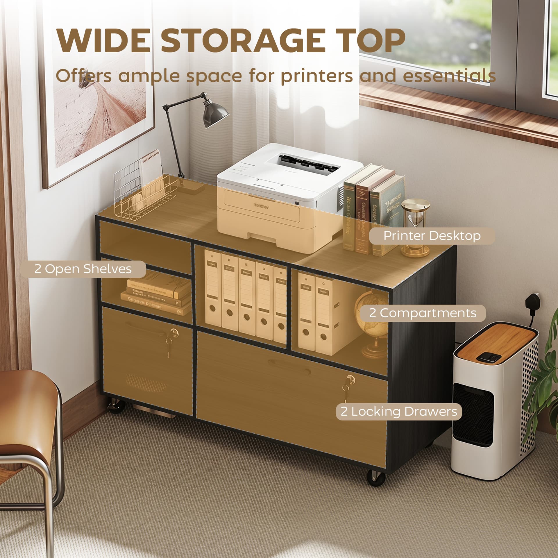 File Cabinet, 2 Drawer Mobile Lateral Filing Cabinet Printer Stand with Lock, Charging Station, Hanging Bars, Black - Office Cabinets & Cupboards - Office Furniture