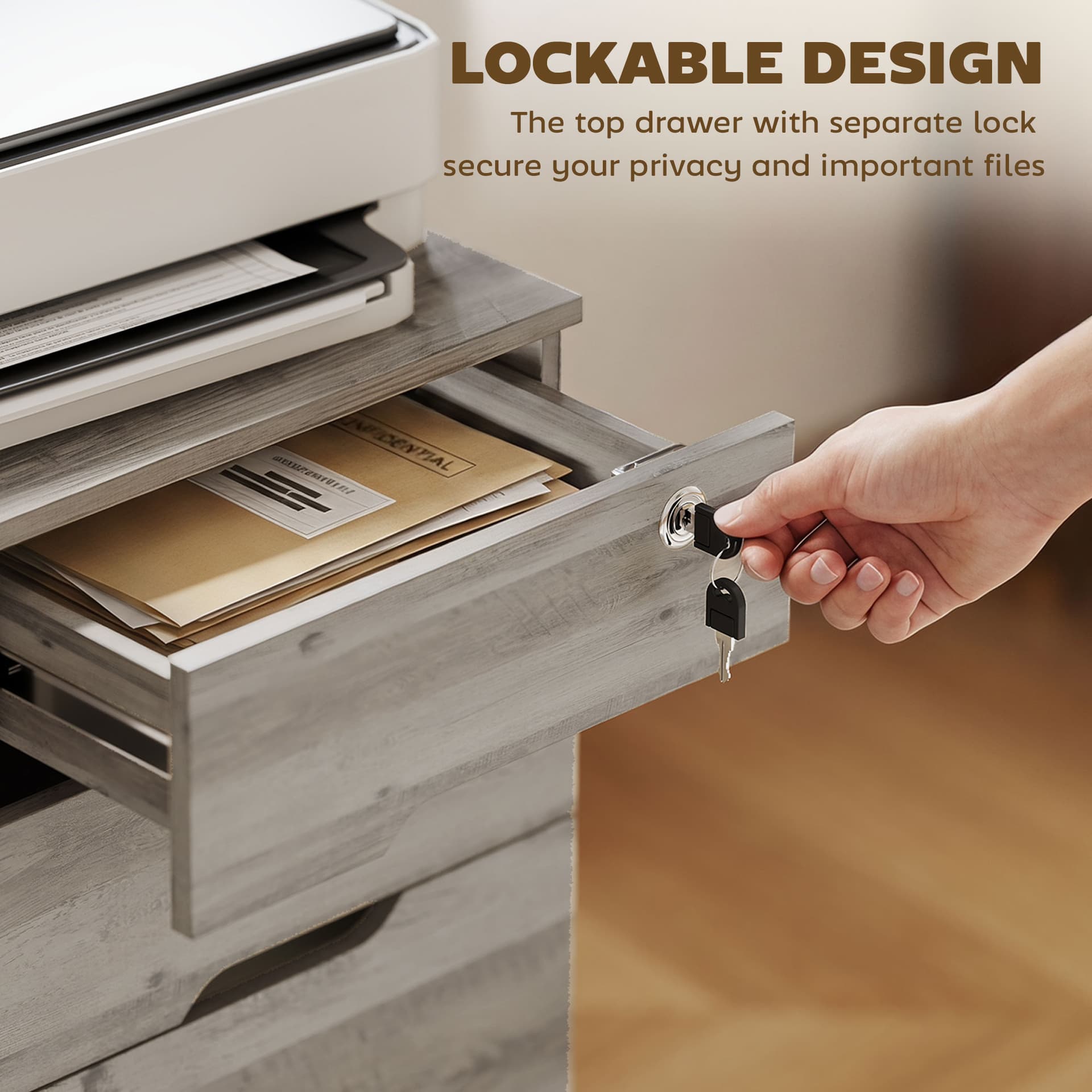 Filing Cabinet with Power Outlets File Cabinet Lockable Casters File Drawer Side Cubbies Light Grey Brown - Office Cabinets & Cupboards - Office Furniture